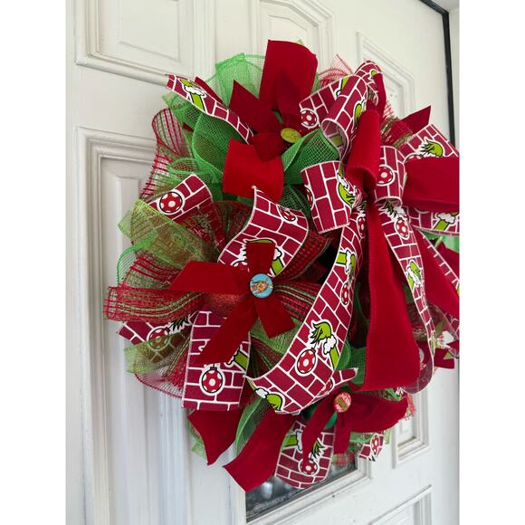 Grinch Wreath Christmas Holiday Home Decor, Front Door Hanger, Gift Idea - Picture 5 of 6